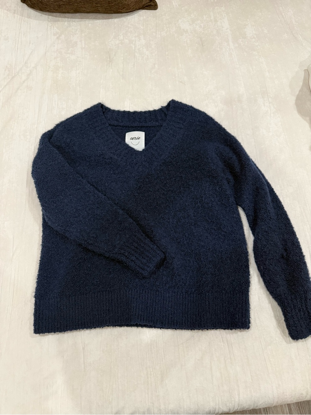 Aerie Navy V‑Neck Plush Pullover Sweater